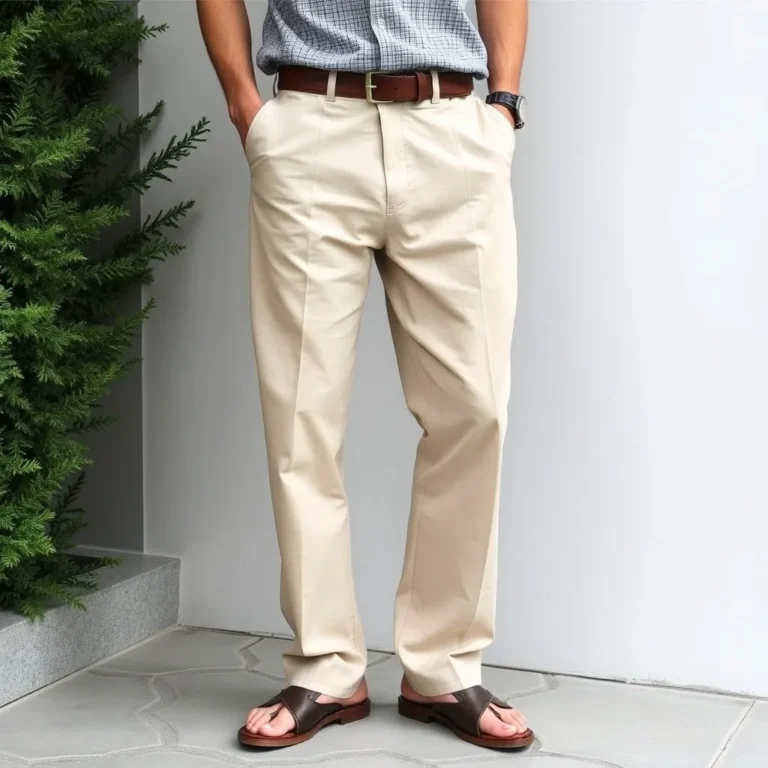 Un homme portant un pantalon beige élégant avec des sandales marron et une chemise à carreaux bleue et blanche.