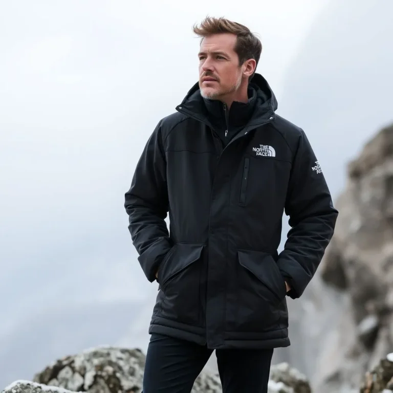 Homme portant un manteau The North Face, conçu pour allier confort, chaleur et style dans un cadre urbain ou outdoor.