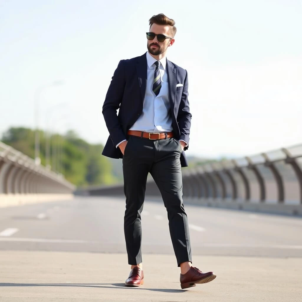 Homme élégant portant un costume bleu marine, une chemise blanche et une cravate rayée, posant avec assurance sur un pont par une journée ensoleillée.






