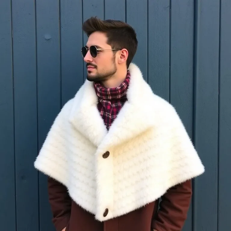 Homme élégant portant un manteau en fourrure blanche avec des boutons, accompagné d'un foulard à carreaux rouges, se tenant devant un mur bleu.