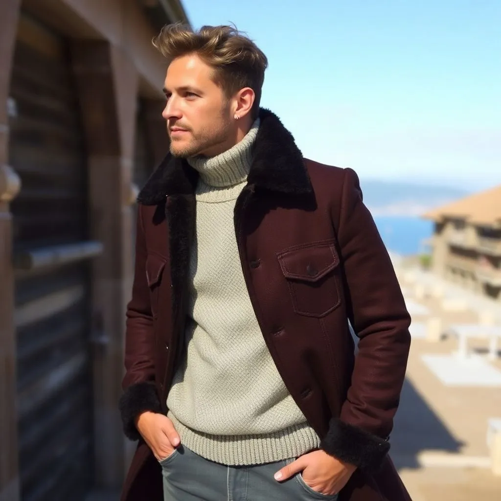 Homme élégant portant un manteau en fourrure blanche avec des boutons, accompagné d'un foulard à carreaux rouges, se tenant devant un mur bleu.