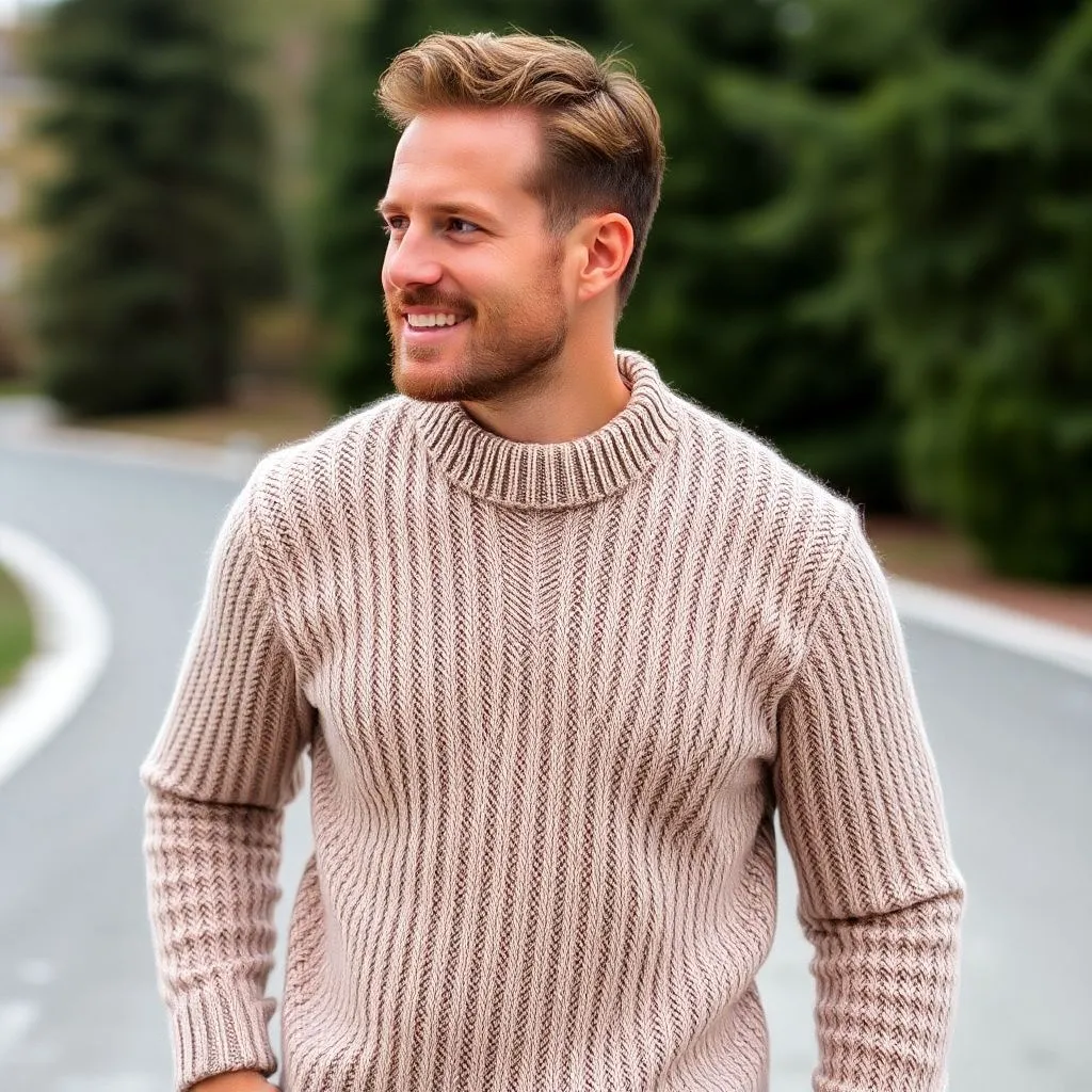 Homme portant un pull élégant avec un design moderne, posé devant un mur texturé gris.