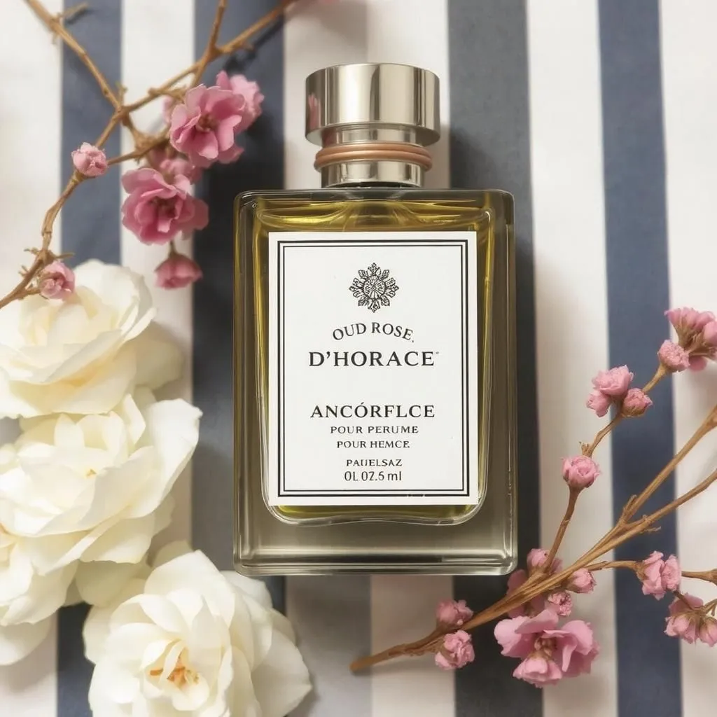 Flacon de parfum pour homme Oud Rose d’Horace, mélangeant des notes boisées et florales dans un design raffiné.