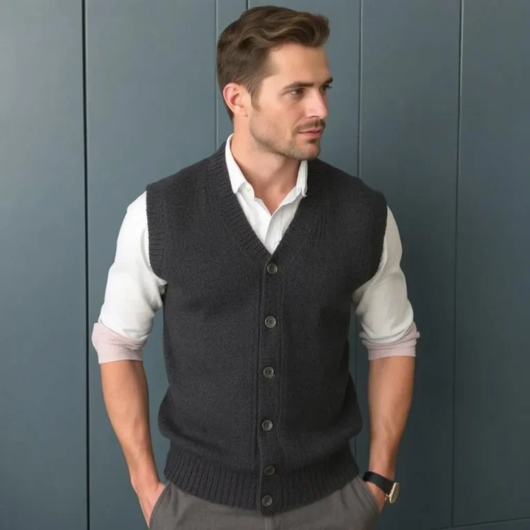 Pull sans manches pour homme, porté sur une chemise, parfait pour un style chic et polyvalent.