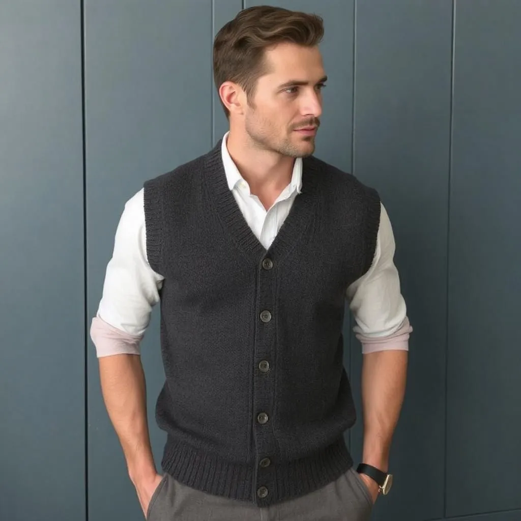 Pull sans manches pour homme, porté sur une chemise, parfait pour un style chic et polyvalent.