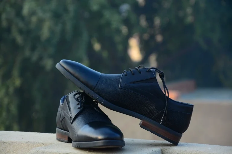 Chaussures en cuir noir élégantes posées sur une surface, avec un design moderne et raffiné.