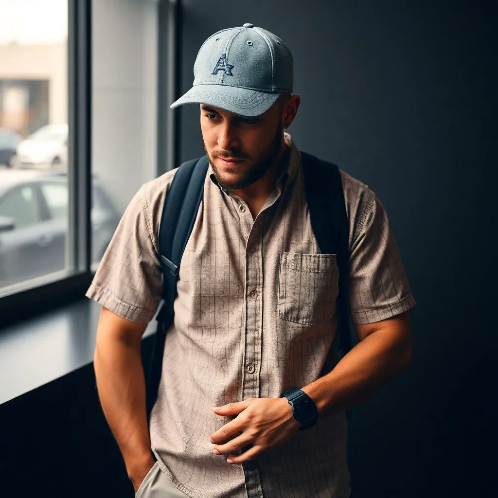 Homme portant une chemise à manches courtes, une casquette et un sac à dos.