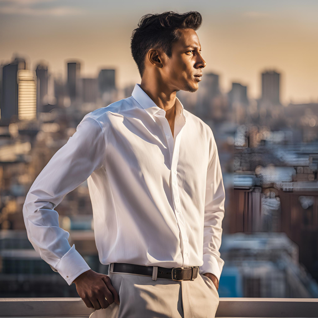 Homme portant une chemise blanche classique.